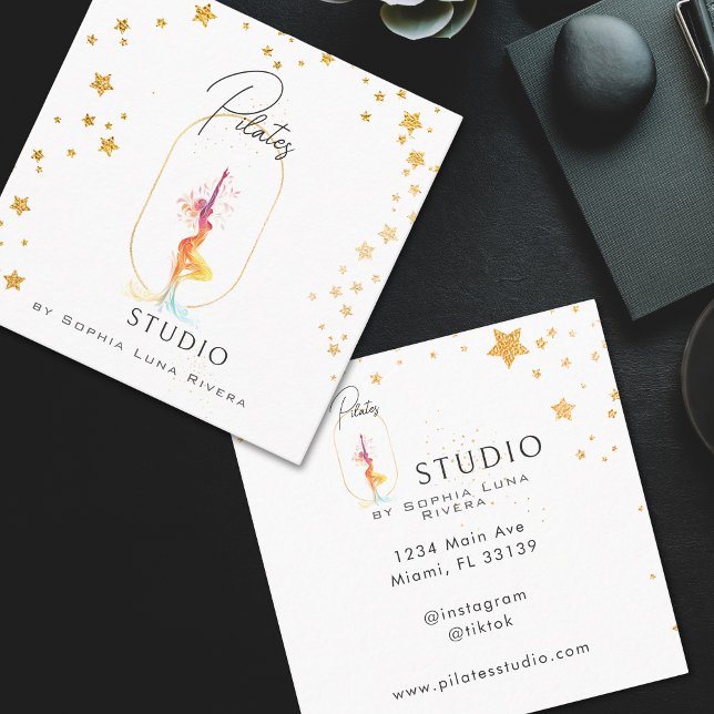 Tarjeta De Visita Cuadrada Silhouette Yoga Spa Studio Beauty Gold Stars (Gold Beauty Silhouette Yoga Spa Studio Square Business Card)