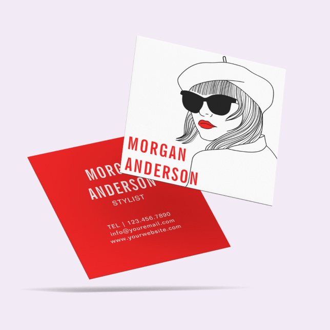 Tarjeta De Visita Cuadrada Silueta de mujeres Moda femenina roja y blanca (Subido por el creador)