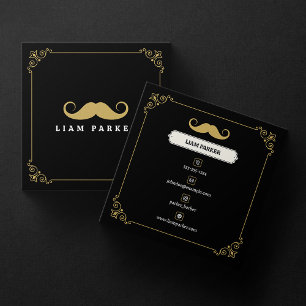 Tarjeta De Visita Cuadrada Simple Barbería de Bigote Negro y Dorado Vintage