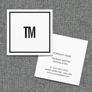 Tarjeta De Visita Cuadrada Simple Elegant White Black Monogram Attorney