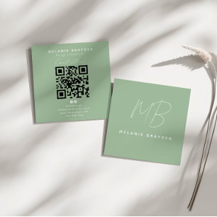 Tarjeta De Visita Cuadrada Simple Elegante Verde Salvia Minimalista Monograma