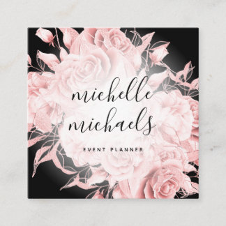 Tarjeta De Visita Cuadrada Simple Floral Black & Rosa Gold Moderno Script