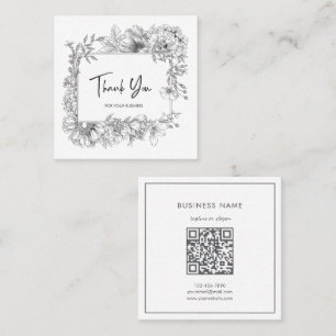 Tarjeta De Visita Cuadrada Simple Floral Line Art Gray White QRCode Gracias