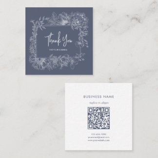 Tarjeta De Visita Cuadrada Simple Floral Line Muted Blue QR Code Thank You