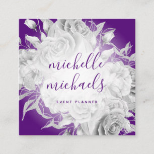 Tarjeta De Visita Cuadrada Simple Floral Purple & Silver Script Moderno