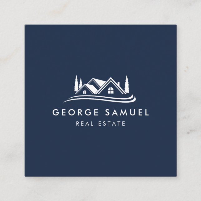 Tarjeta De Visita Cuadrada Simple Home Logo Navy Blue Realtor, Real Estate (Anverso)