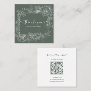Tarjeta De Visita Cuadrada Simple Línea Floral Código QR Verde Suave Gracias