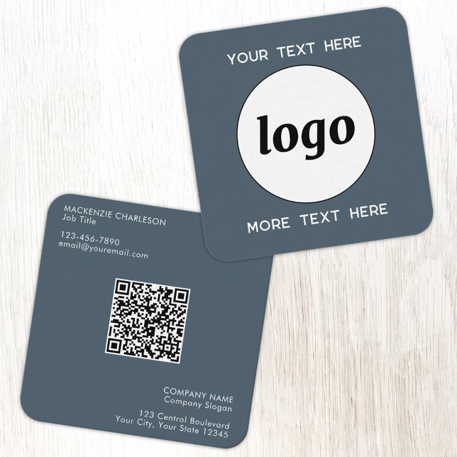 Tarjeta De Visita Cuadrada Simple Logo and Text QR Code Charcoal Gray (Simple logo with QR code custom text business branding promotional charcoal gray business card)