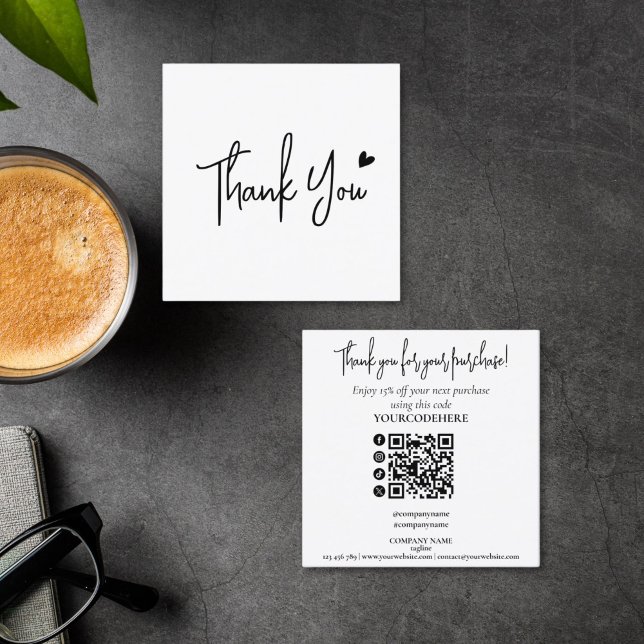 Tarjeta De Visita Cuadrada simple minimal script thank you for your order (minimalist black and white script thank you for your purchase card)