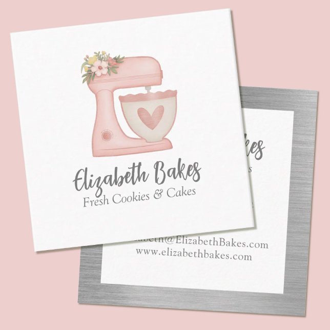 Tarjeta De Visita Cuadrada Simple Mixer Floral Cake Bakery Business Card (A cute floral Pink mixer bakery business card. Personalize it with your information.)