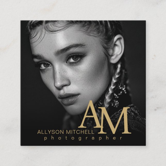 Tarjeta De Visita Cuadrada Simple Modern Black Gold Photo QR Photography (Anverso)