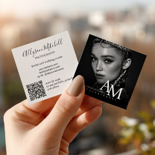 Tarjeta De Visita Cuadrada Simple Moderno Negro Blanco Foto QR Fotografía