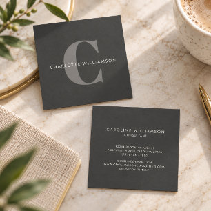 Tarjeta De Visita Cuadrada Simple Monograma de Nombre Personalizado Negro Gri