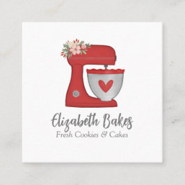 Tarjeta De Visita Cuadrada Simple Red Mixer Floral Cake Bakery Business Card