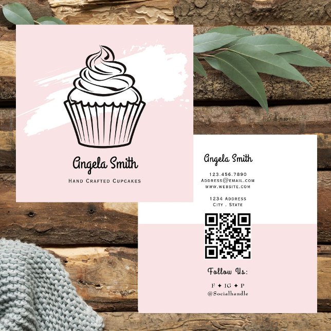 Tarjeta De Visita Cuadrada Sitio web de moda de cupcakes rosa (Subido por el creador)