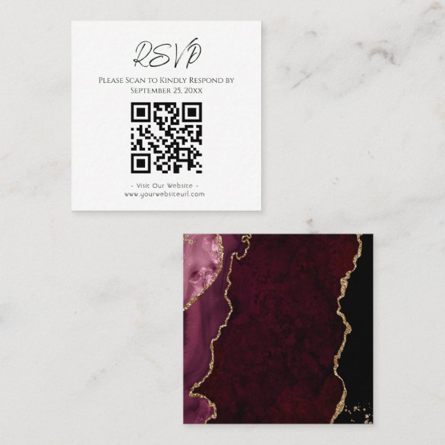 Tarjeta De Visita Cuadrada Sitio web de RSVP Burgundy Agate Purpurina Boda (Anverso / Reverso)