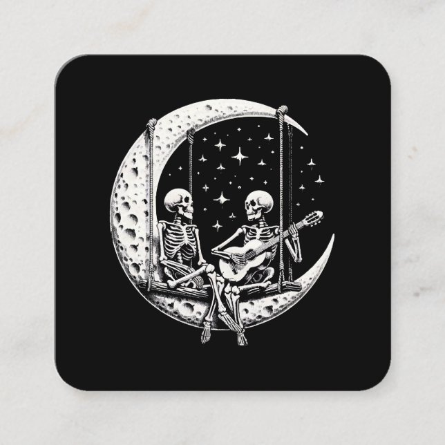 Tarjeta De Visita Cuadrada Skeleton Couple Moon Guitar (Anverso)