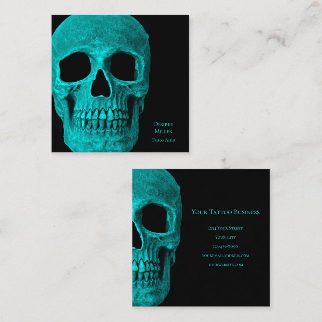 Tarjeta De Visita Cuadrada Skull Gothic Oscuro Verde azulado Negro Macabre Ta (Anverso / Reverso)
