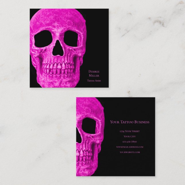 Tarjeta De Visita Cuadrada Skull Head Gothic Neon Pink Black Tattoo Shop (Anverso / Reverso)