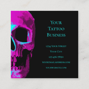 Tarjeta De Visita Cuadrada Skull Head Gothic Neon Purple Diseño Verde azulad