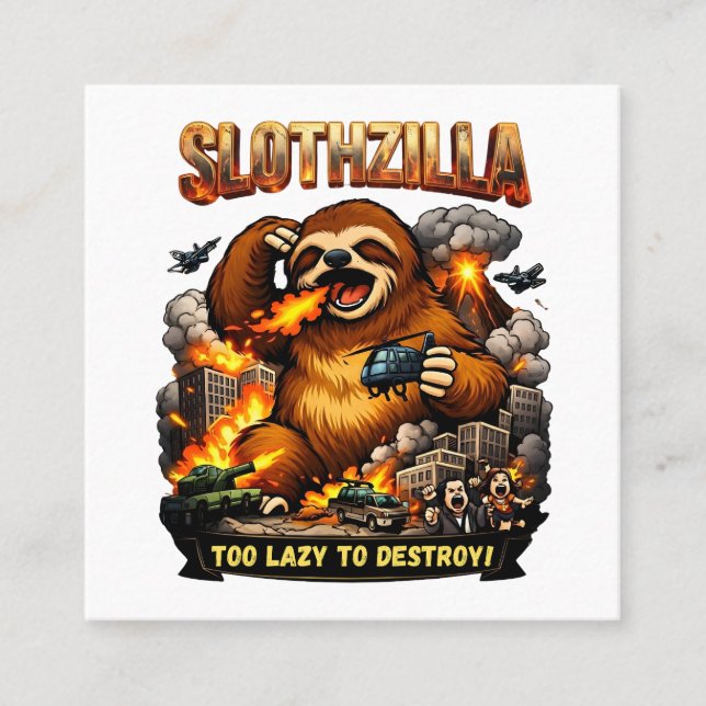 Tarjeta De Visita Cuadrada Slothzilla Too Lazy to Destroy,Funny Kaiju Monster (Anverso)