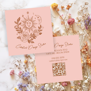 Tarjeta De Visita Cuadrada Sol Luna & Rosas Mágico Boho Terroso QR PERSONALIZ