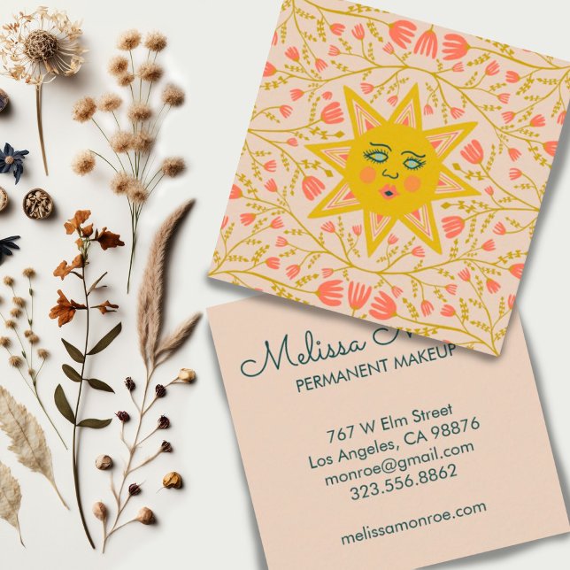 Tarjeta De Visita Cuadrada Sol y flores Vines Elegante Boho Sandy (Colorful sun and flowering vines illustration custom business cards)