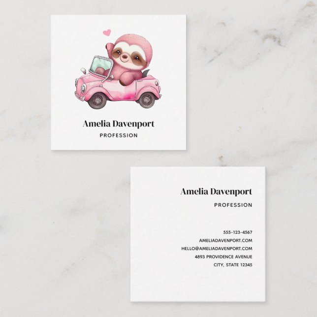 Tarjeta De Visita Cuadrada Sonriente eslogan rosa conduciendo un descapotable (Anverso / Reverso)