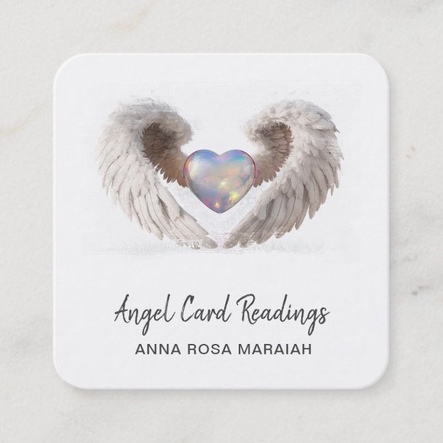Tarjeta De Visita Cuadrada *~* Sparkle Opal Heart QR Angel Wings AP78 WHITE (Anverso)