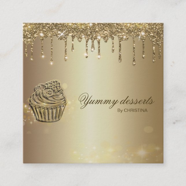 Tarjeta De Visita Cuadrada Sparkly Pastry Cake Bakery Purpurina Gold Business (Anverso)