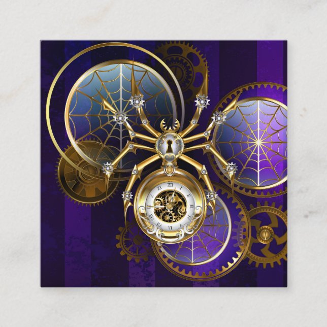 Tarjeta De Visita Cuadrada Spider Steampunk sobre fondo morado (Anverso)