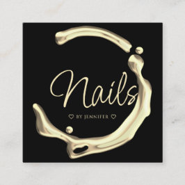 Tarjeta De Visita Cuadrada Splash Gold Polaco Elegante Nails Moderno Negro