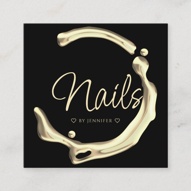Tarjeta De Visita Cuadrada Splash Gold Polaco Elegante Nails Moderno Negro (Anverso)