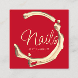 Tarjeta De Visita Cuadrada Splash Gold Polaco Elegante Nails Moderno Rojo