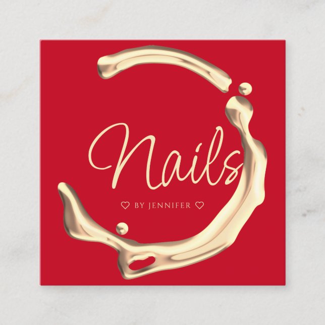 Tarjeta De Visita Cuadrada Splash Gold Polaco Elegante Nails Moderno Rojo (Anverso)