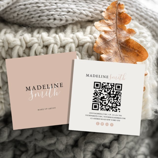 Tarjeta De Visita Cuadrada Square Boho Beige Script QR code (Subido por el creador)