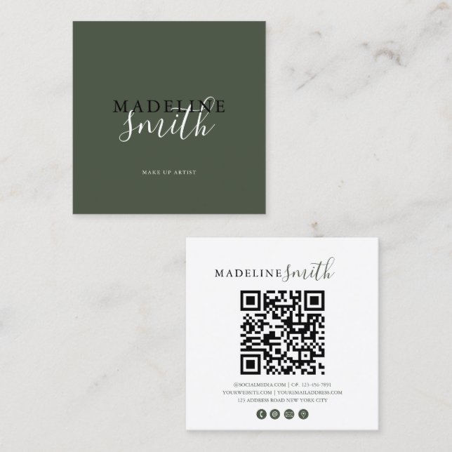 Tarjeta De Visita Cuadrada Square Dark Green Script QR code (Anverso / Reverso)