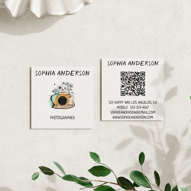 Tarjeta De Visita Cuadrada Square Floral Camera Photographer with QR Code  (Subido por el creador)