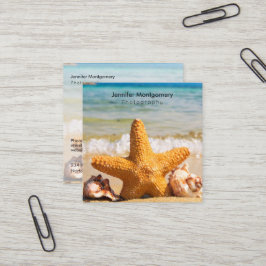 Tarjeta De Visita Cuadrada Starfish and Seashells en la playa