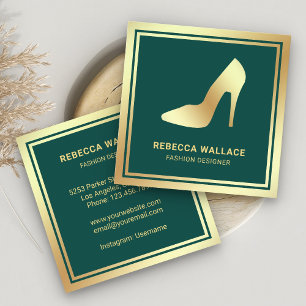 Tarjeta De Visita Cuadrada Stilettos de tacones altos verdes y Relieves metal