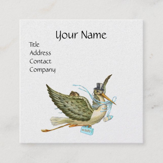 Tarjeta De Visita Cuadrada STORK BABY SHOWER Blue White Pearl Paper (Anverso)