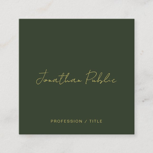 Tarjeta De Visita Cuadrada Stylish Dark Green Calligraphy Gold Text Trendy (Anverso)
