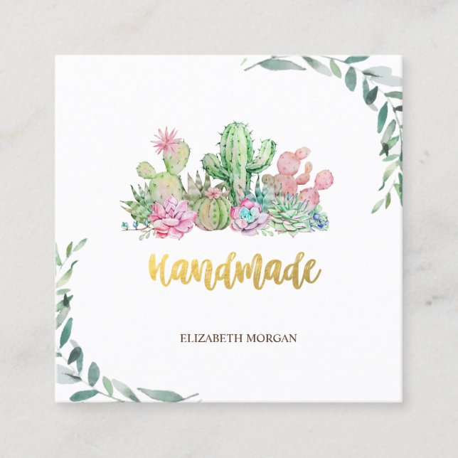 Tarjeta De Visita Cuadrada Subdivisión de acuarela, cactus florales hechos a  (Anverso)