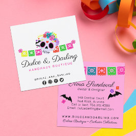 Tarjeta De Visita Cuadrada Sugar Skull Floral Calavera Papel Picado Boutique