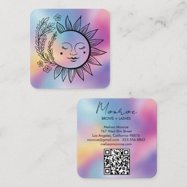 Tarjeta De Visita Cuadrada Sun Floral Boho Line Art Elegant QR Code Rainbow  (Anverso / Reverso)