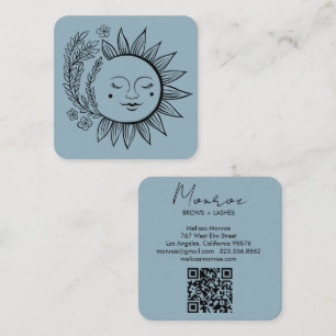 Tarjeta De Visita Cuadrada Sun Floral Boho Line Art Elegante Código QR Azul