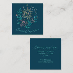 Tarjeta De Visita Cuadrada Sun Moon y Rosas Magical Boho Colorful PERSONALIZA