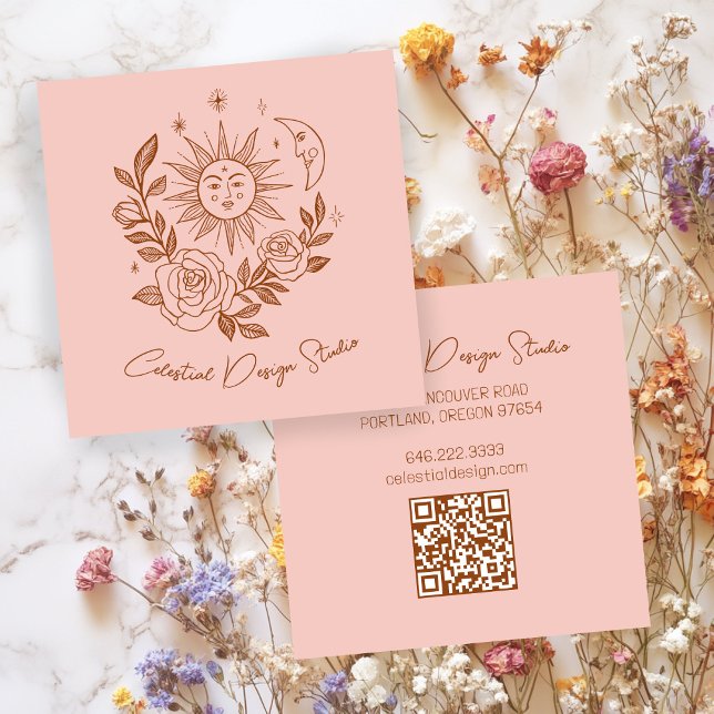 Tarjeta De Visita Cuadrada Sun Moon y Rosas PERSONALIZADO mágico Boho Earthy  (Sun Moon & Roses Magical Boho Earthy CUSTOM QR Square Business Card
)