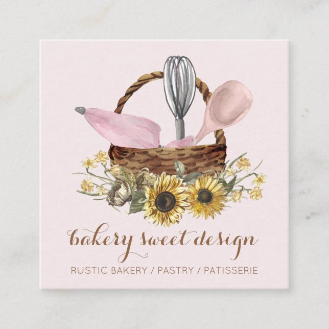 Tarjeta De Visita Cuadrada Sunflower Pink Whisk Spoon Pastry Bag Bakery Chef (Anverso)