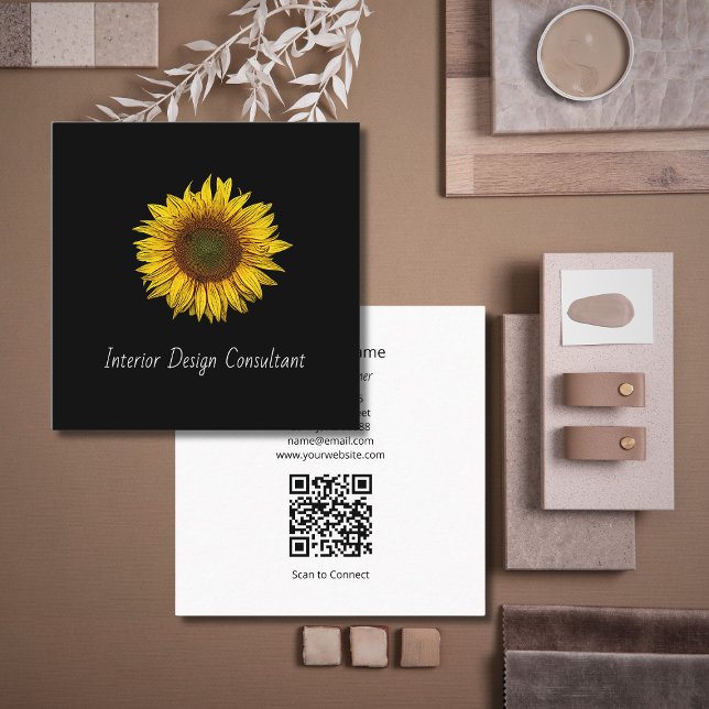 Tarjeta De Visita Cuadrada Sunflower QR code Interior Designer Black White  (Subido por el creador)